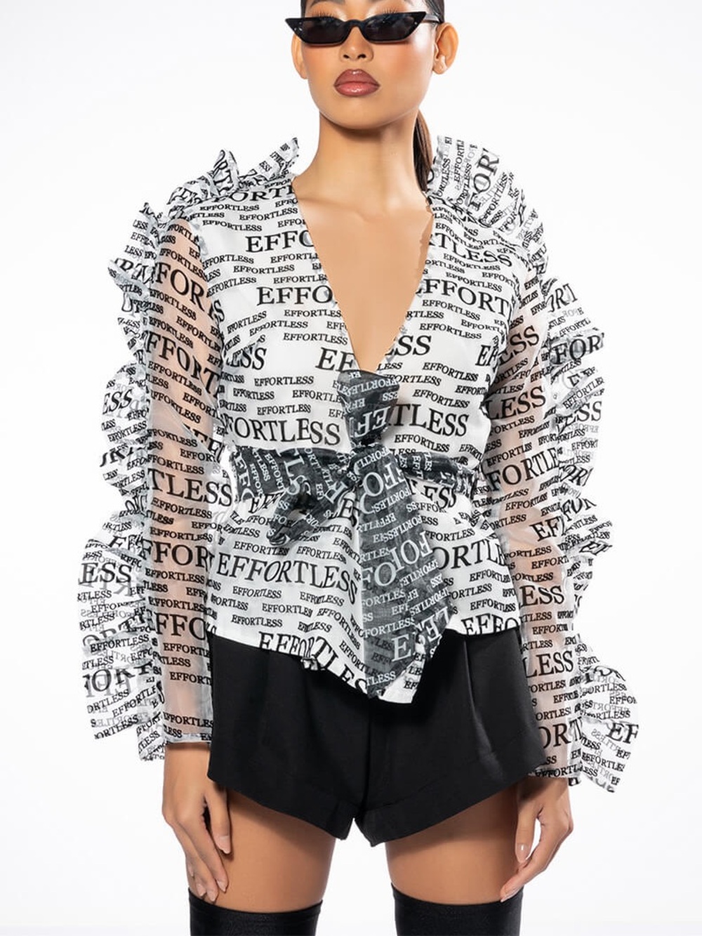 Wowo 'Effortless' Print Wrap Blouse Sheer Sleeves White/Black